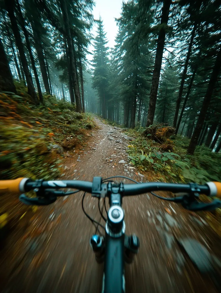 A mountain biker speeds down a trail through a dense, misty forest. Tall evergreens line the path, their branches blurring with motion. The first-person perspective from the handlebars creates a sense of speed and immersion in the natural environment. The trail is rocky and uneven, adding to the thrill of the ride.  The overall mood is one of adventure and serene natural beauty.