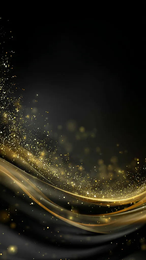 A dark background is adorned with elegant, flowing gold and amber waves.  Golden sparkles and bokeh effects create a sense of shimmering luxury and movement. The image evokes feelings of richness, sophistication, and celebration, ideal for celebratory or elegant designs. The contrast between the dark background and the bright gold accents is striking.