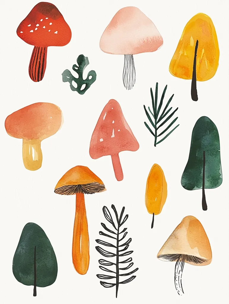 A whimsical watercolor illustration features a collection of stylized mushrooms in various warm hues, including red, orange, and peach.  Accompanying the fungi are simple depictions of leaves and tree shapes in muted greens and yellows. The overall style is playful and slightly abstract, evoking a sense of autumnal charm.  The background is white, allowing the vibrant colors to pop.
