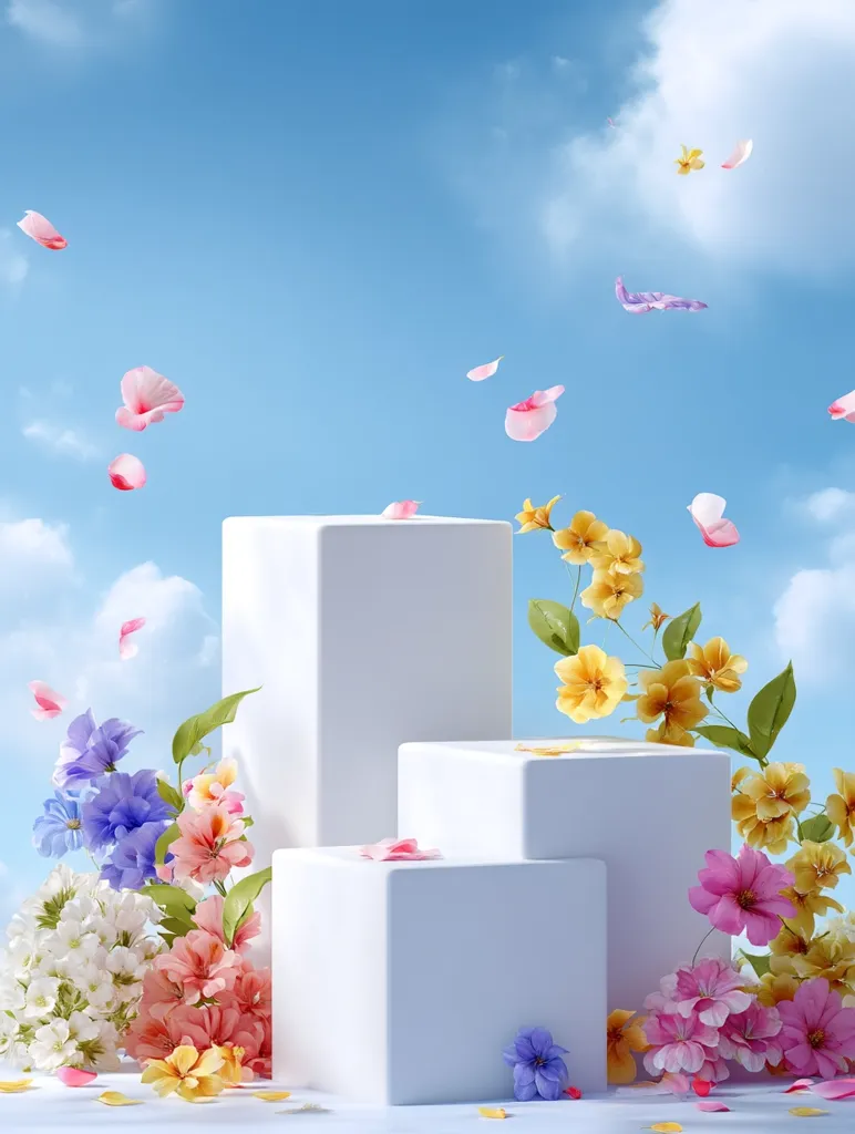Three white cubic display stands are arranged against a backdrop of a bright blue sky with fluffy white clouds.  Colorful flower petals float in the air, and bouquets of vibrant flowers, including pink, yellow, and blue blossoms, surround the base of the stands, creating a fresh and airy springtime scene.
