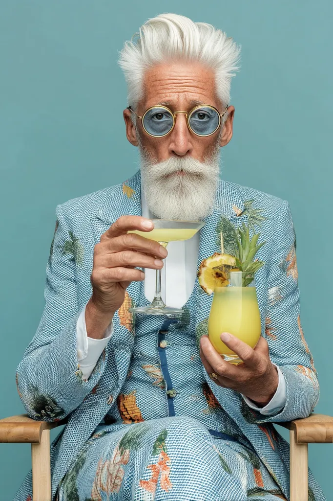 A stylish older man with long white hair and a full white beard sits in a wooden chair. He's wearing round blue-tinted glasses and a light blue patterned suit adorned with tropical fruit designs.  He holds a martini glass in one hand and a tropical cocktail in the other, exuding a sophisticated and playful air. The background is a solid teal.