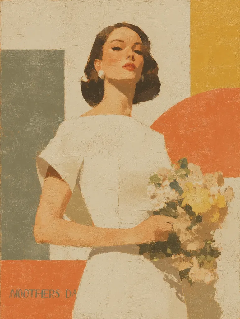 A mid-century modern painting depicts a woman in a simple white dress, holding a bouquet of flowers.  She has dark hair styled in a classic updo and wears pearl earrings. The background is an abstract arrangement of muted colors – beige, grey, orange, and yellow – creating a sophisticated and stylish aesthetic. "Mother's Day" is subtly written in the bottom left corner. The painting style is painterly and evocative of vintage advertising art.