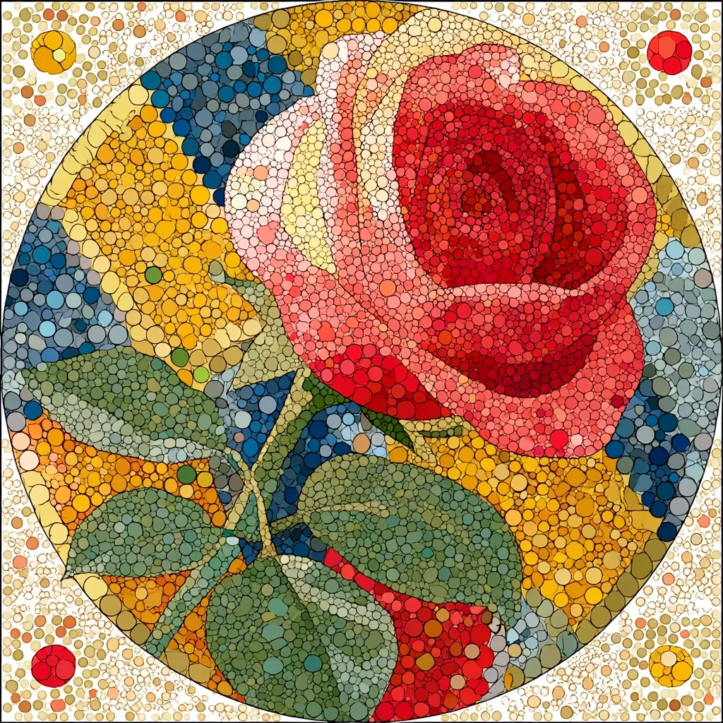 A vibrant, circular mosaic depicts a single rose in full bloom.  The rose's petals are rendered in shades of red and pink, while its leaves are a mix of greens.  The background is a colorful array of small, speckled circles in yellow, blue, and green tones.  The overall effect is a stylized, almost stained-glass representation of the flower.  Small red circles are positioned in the corners of the square frame.
