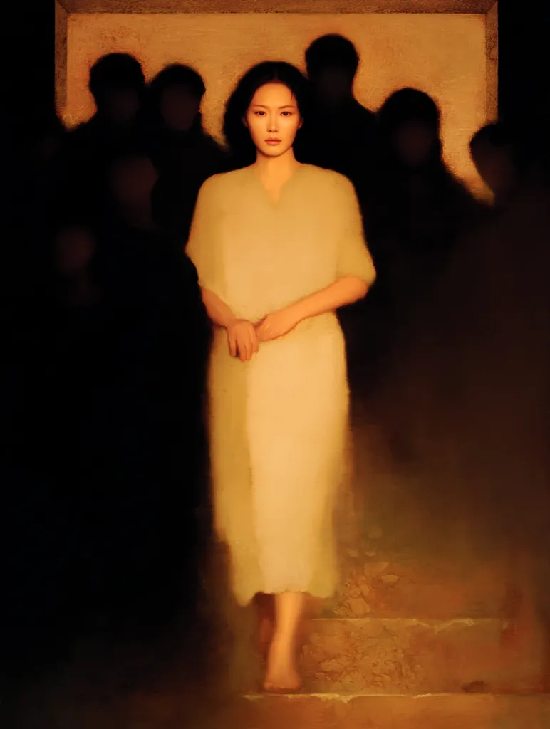 A painting depicts a woman in a pale yellow dress, standing calmly with her hands clasped.  She is centrally positioned against a backdrop of dark, shadowy figures, suggesting a crowd or group. The woman's expression is serene, yet the overall mood is somber and mysterious. The muted color palette and soft brushstrokes create a sense of quiet contemplation. The background is largely obscured, focusing attention on the solitary figure.