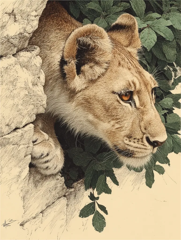 A young lioness, her amber eyes captivating, peers from a rocky crevice.  Her tawny fur is meticulously detailed, contrasting against the deep green foliage that partially obscures her.  The drawing showcases exceptional detail in the fur texture and the rocky landscape, creating a striking image of wildlife in its natural habitat. The overall tone is serene yet watchful.