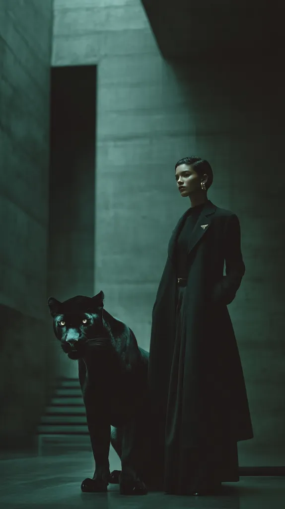A woman in a long, dark coat stands beside a black panther in a dimly lit, modern concrete space.  The atmosphere is mysterious and dramatic, with the woman and panther appearing poised and powerful. The architectural setting emphasizes the dark, moody tone of the image.  The woman's expression is serious, adding to the overall enigmatic feel.