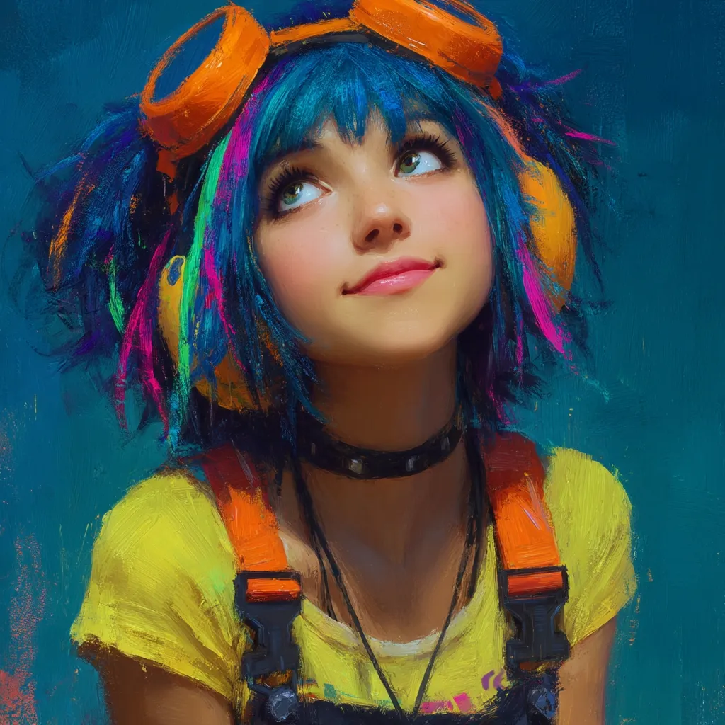 A stylized portrait of a young woman with vibrant blue and pink hair. She wears orange goggles and a yellow shirt with orange straps.  Her expression is dreamy and she gazes upwards. The painting style is expressive, using bold brushstrokes and a rich color palette.  The background is a deep teal.