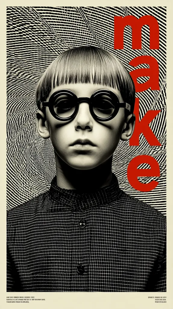 A black and white portrait of a young boy with a bowl haircut and round glasses is overlaid with a large, red "make" in a bold sans-serif font.  The boy's expression is serious. The background features a swirling, hypnotic black and white pattern. The image has a graphic, slightly vintage feel.