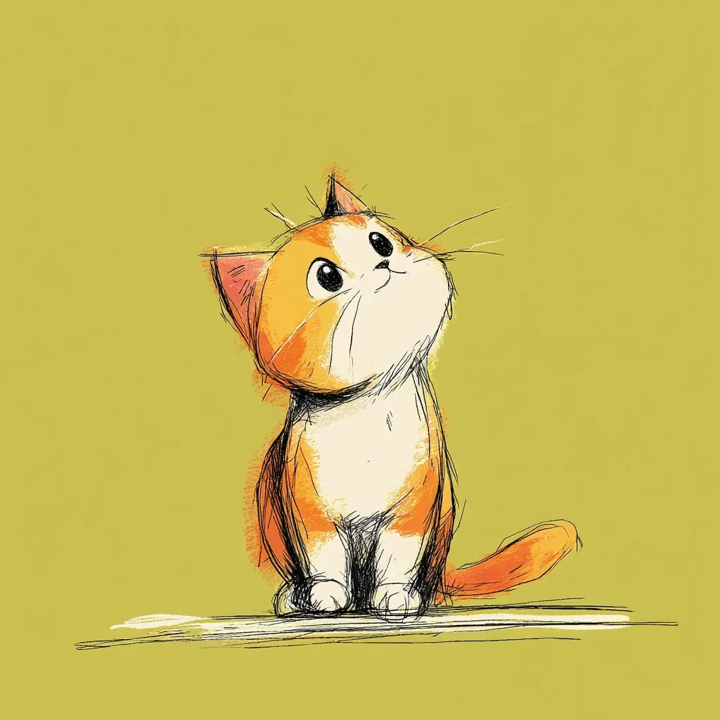 An illustration of a cute, cartoonish orange and white kitten sits looking upward.  Its large eyes are wide and expressive, and its body is depicted with loose, sketchy lines. The background is a muted olive-green. The overall style is whimsical and charming.