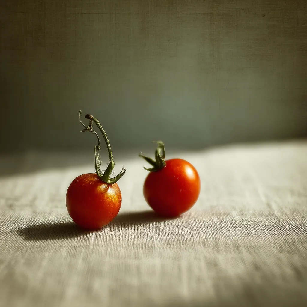 Two ripe cherry tomatoes sit on a light beige linen tablecloth.  One tomato is positioned slightly ahead of the other, their stems still attached.  The soft lighting casts gentle shadows, creating a minimalist, still-life composition. The background is a muted teal, adding depth to the image.