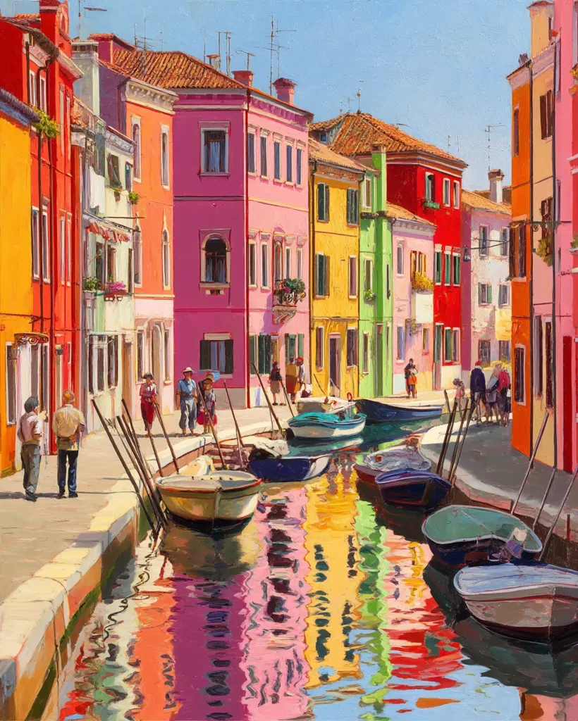 A vibrant painting depicts a picturesque canal scene in Venice, Italy.  Brightly colored buildings in pink, orange, yellow, and red line the canal, their reflections shimmering in the water.  Small boats are moored along the waterway, with pedestrians strolling along the canal's edge. The scene is bathed in sunny light, creating a cheerful and lively atmosphere.