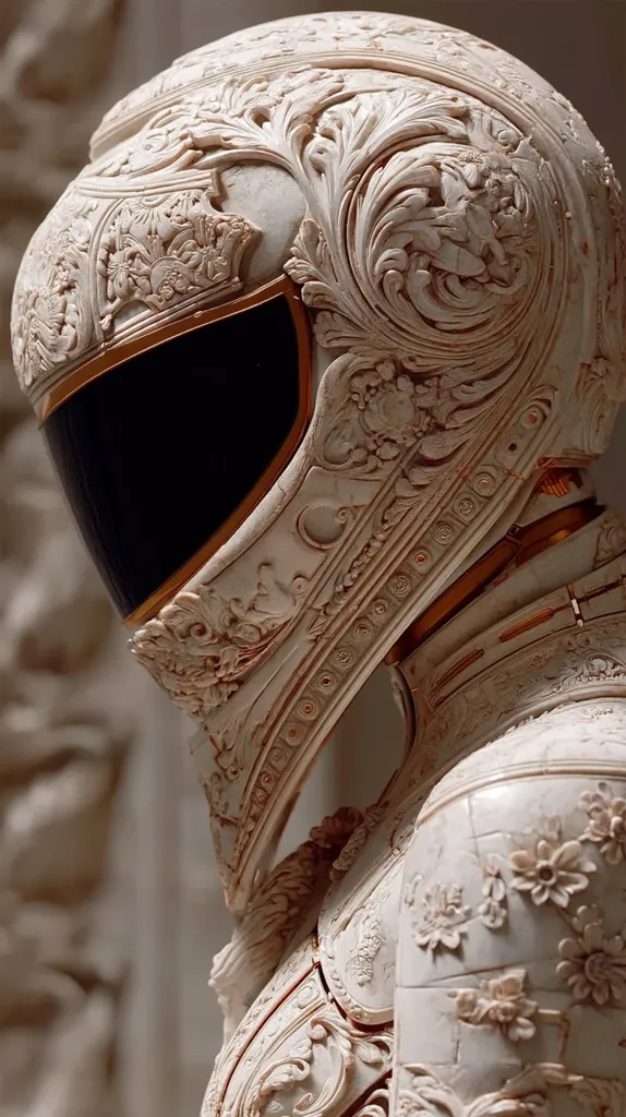 A close-up reveals an intricately carved, off-white helmet and armor. The helmet, resembling a futuristic knight's headgear, features a dark visor and opulent, ornate detailing.  The armor's surface is densely decorated with floral and foliate patterns, exhibiting a high level of craftsmanship. The overall aesthetic blends futuristic elements with classical Baroque-style ornamentation.