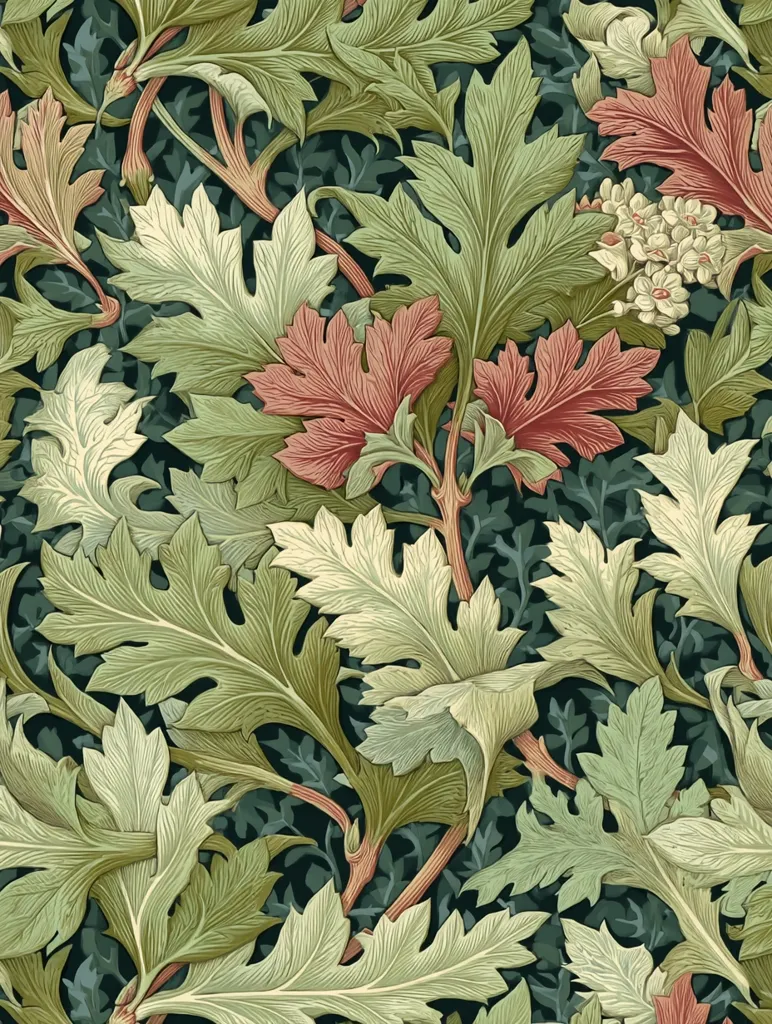 A richly detailed botanical print features overlapping leaves in shades of green, cream, and reddish-brown.  The leaves, rendered with intricate vein detail, suggest a stylized representation of foliage, possibly inspired by Art Nouveau design.  Small clusters of white flowers are subtly interspersed amongst the leaves against a dark teal background, creating a lush and densely patterned design. The overall effect is one of elegant complexity and natural beauty.