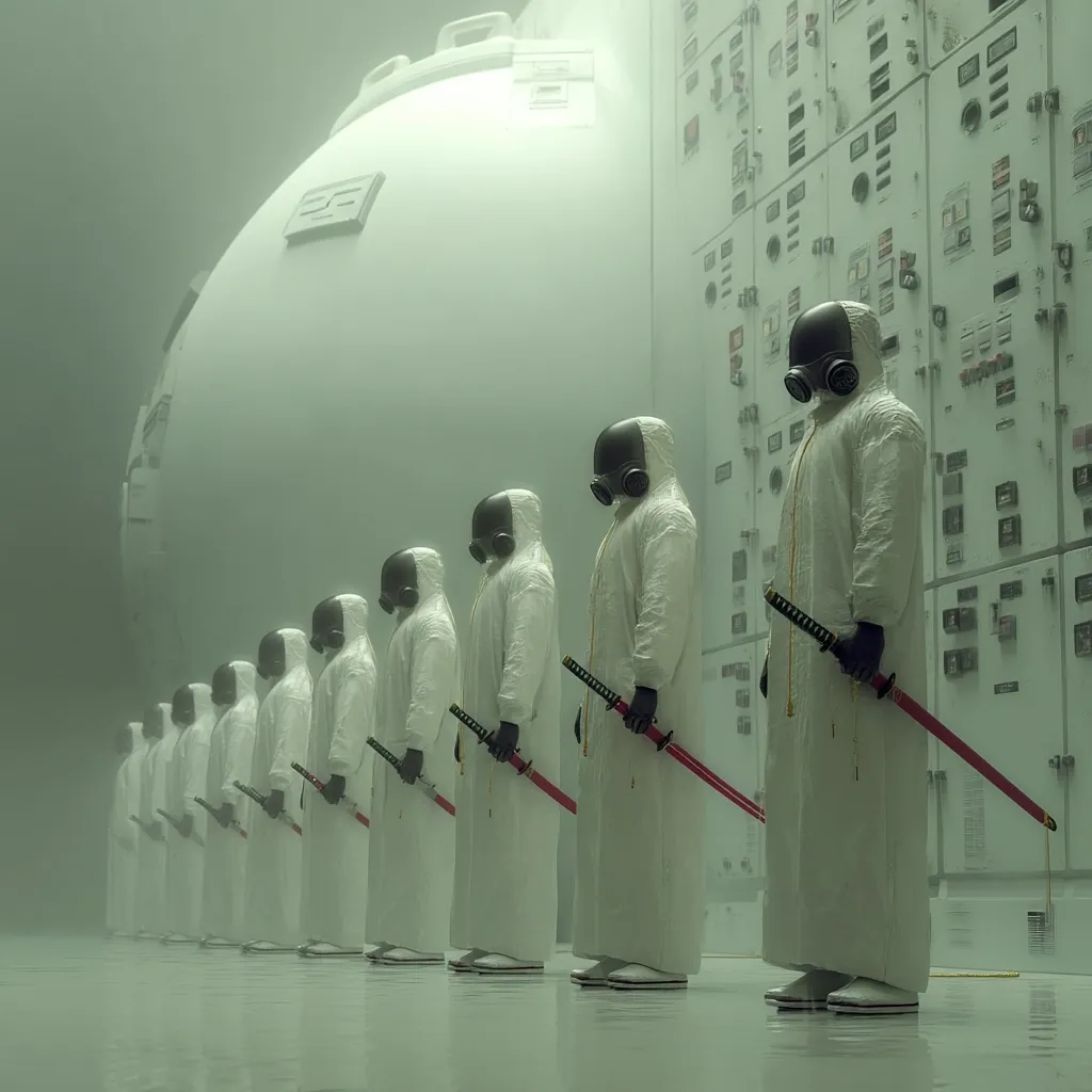 A line of figures in white hazmat suits and gas masks stand before a large, spherical structure and a control panel wall. Each figure holds a katana, their attire and weaponry creating a stark contrast against the sterile, foggy backdrop.  The scene evokes a sense of mystery and impending action within a futuristic or post-apocalyptic setting.