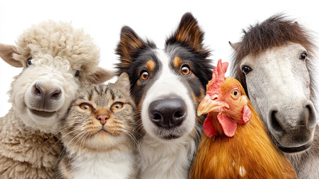 A fluffy sheep, a tabby cat, a border collie dog, a hen, and a miniature horse are seen close up, their faces filling the frame against a white background.  Each animal is looking directly at the camera, creating a playful and unusual group portrait.  Their expressions are curious and engaging, highlighting their individual personalities.