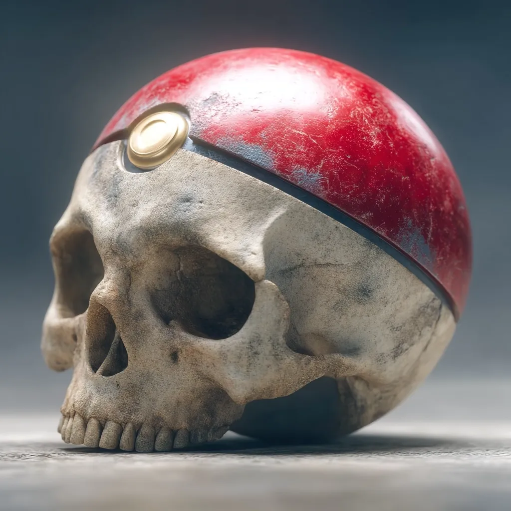 A human skull is depicted with a weathered, red and gold Poké Ball seamlessly integrated as its cranium. The skull rests on a muted gray surface, its texture detailed and realistic.  The contrast between the organic decay of the skull and the vibrant, iconic game element creates a striking and unsettling image.  The lighting subtly highlights the Poké Ball's metallic details.