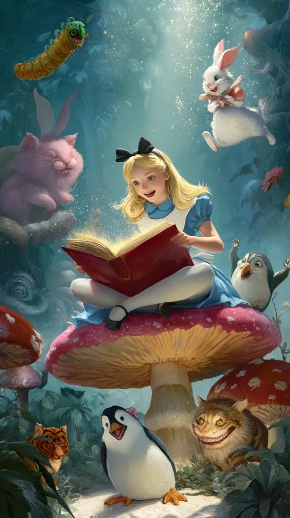 Alice in Wonderland sits on a giant mushroom, engrossed in a magical book.  Surrounding her are whimsical creatures: a caterpillar, a white rabbit, a pink rabbit, a penguin, the Cheshire Cat, and a tiger cub. The scene is bathed in soft, ethereal light, creating a fantastical and enchanting atmosphere reminiscent of Lewis Carroll's classic tale.  Dust motes dance in the air, adding to the dreamlike quality.