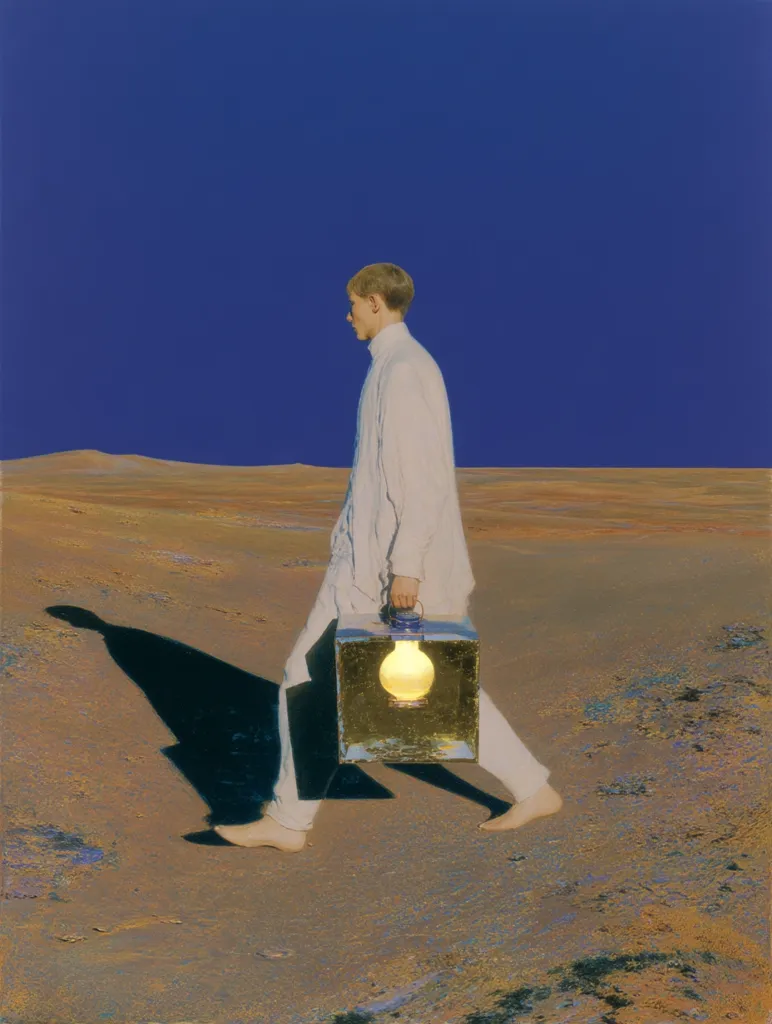 A lone figure, clad in white, strides across a vast, ochre desert under a vibrant blue sky.  The individual carries a box containing a glowing lightbulb, a solitary beacon in the expansive landscape.  The long shadow cast by the figure emphasizes the scale of the desolate setting and the journey undertaken. The scene evokes a sense of isolation and the search for light or hope in a barren environment.