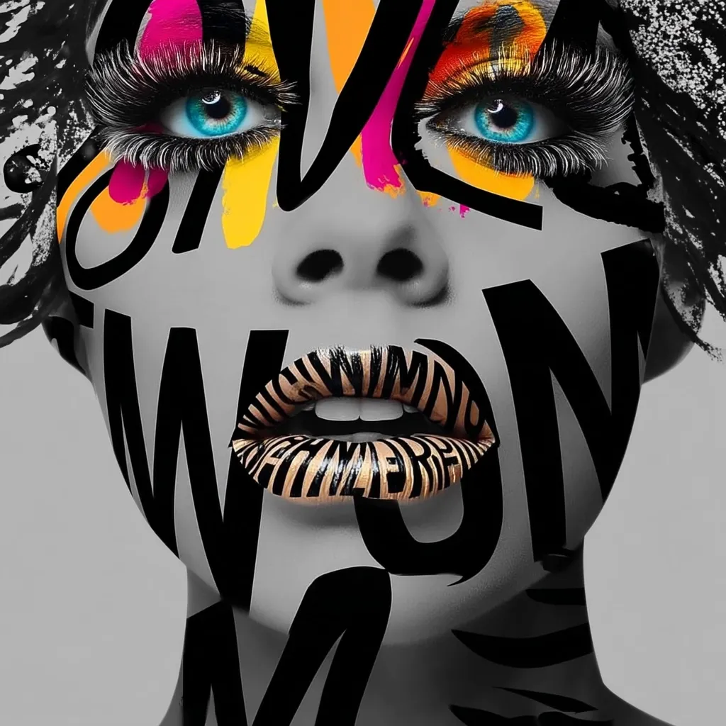 A close-up, stylized portrait of a woman's face.  Her skin is predominantly grayscale, overlaid with bold black lettering and vibrant splashes of pink, orange, and yellow.  Her lips are a striking gold, also patterned with text.  Long, dramatic lashes frame bright blue eyes. The overall effect is a striking blend of graphic design and portraiture.