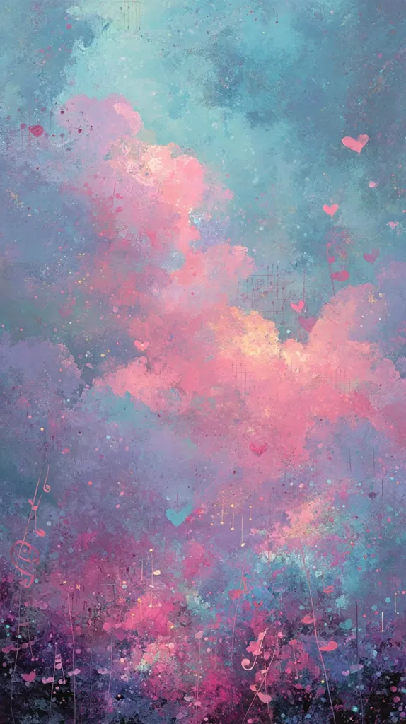 An abstract painting in soft pastel hues of pink, purple, and blue.  The style is impressionistic, with blended colors suggesting clouds and a dreamy atmosphere.  Scattered throughout are small heart shapes and musical notes, adding to the whimsical and romantic feeling. The texture appears thick and layered, creating depth and movement.
