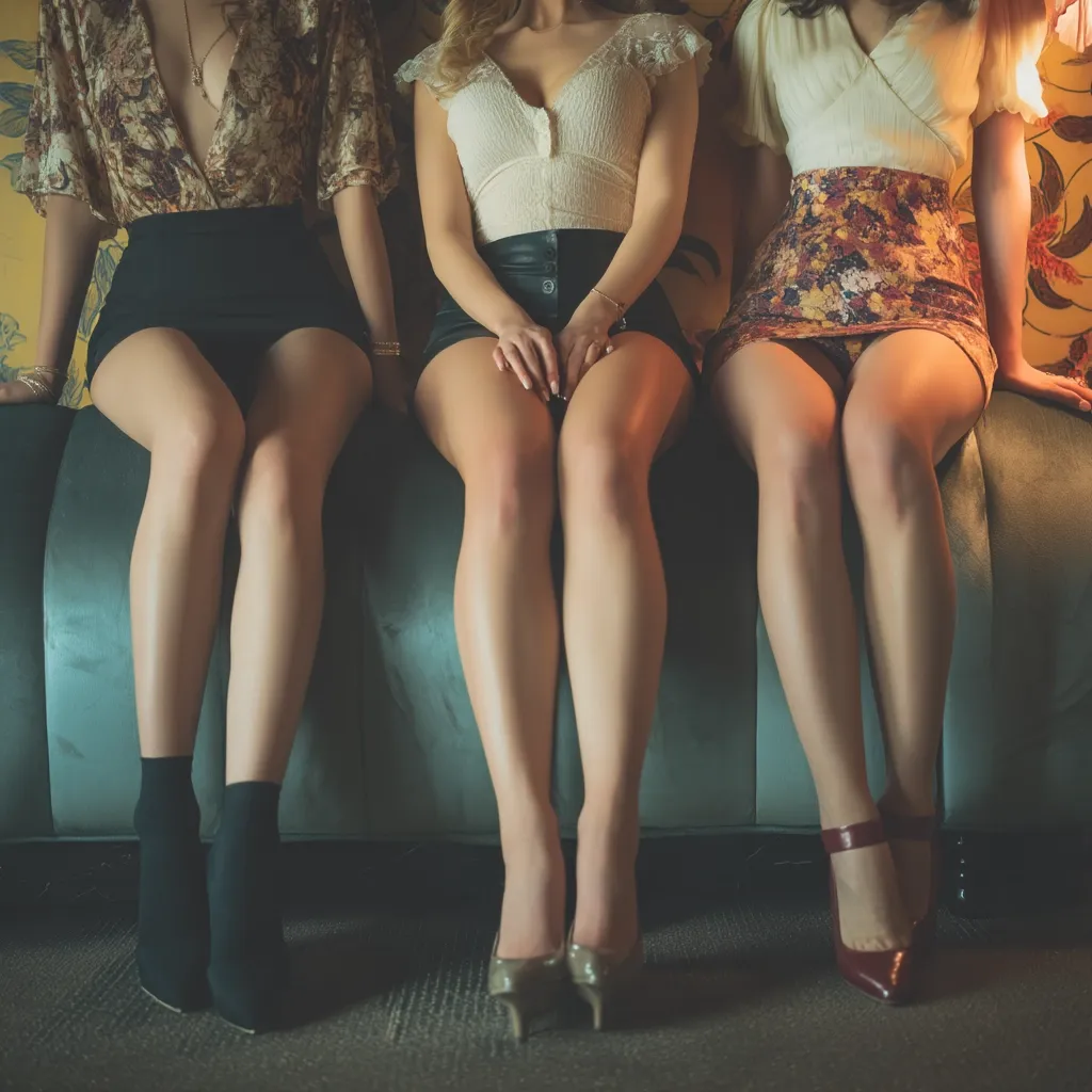 Three women in short skirts and heels sit side-by-side on a teal velvet couch.  The woman on the left wears a floral top and black mini skirt, the center woman a white top and black mini skirt, and the woman on the right a cream top and floral mini skirt.  Their legs are prominently displayed, showcasing their footwear. The setting appears to be dimly lit and stylish.