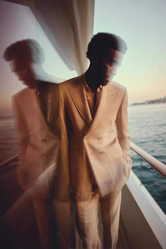 A man in a light beige double-breasted suit stands on a yacht's deck, gazing out at the calm ocean at sunset. The image is slightly blurred, creating a dreamlike atmosphere. The man's posture is relaxed, conveying a sense of serenity and sophistication.  The warm light enhances the luxurious feel of the scene.