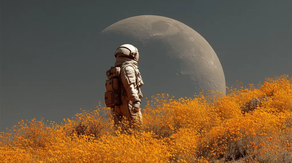 An astronaut in a beige spacesuit stands amidst a field of vibrant orange wildflowers.  A large, partially visible moon dominates the background under a muted grey sky. The scene evokes a sense of solitude and exploration on an alien world, possibly Mars. The contrast between the harsh landscape and the delicate flowers is striking.
