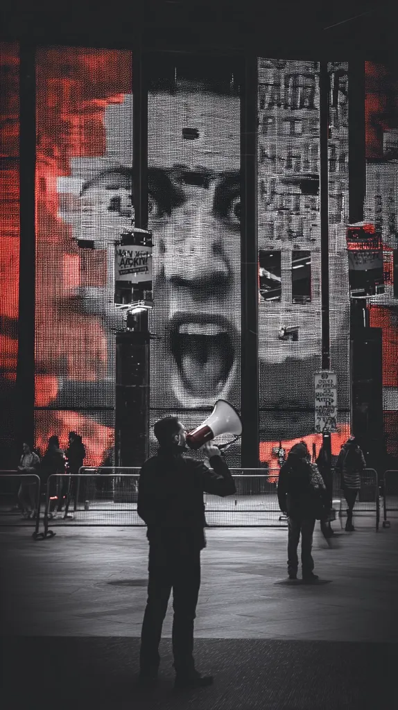 A person stands in a city square, using a megaphone against a backdrop of a large digital screen displaying a close-up of a screaming face. The screen's red and grayscale tones create a dramatic effect, enhancing the feeling of protest or public address.  Other figures are visible in the background, suggesting a demonstration or public event. The overall atmosphere is one of intensity and urban tension.