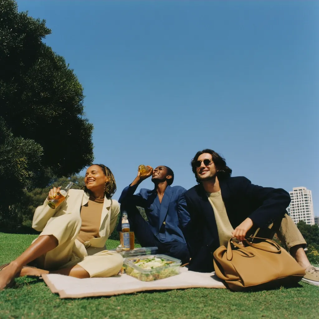 Three friends enjoy a sunny picnic in a park.  Two women and a man are seated on a blanket, laughing and drinking beverages.  A salad and drinks are visible on the blanket.  The scene is relaxed and cheerful, capturing a carefree moment of friendship and outdoor enjoyment.