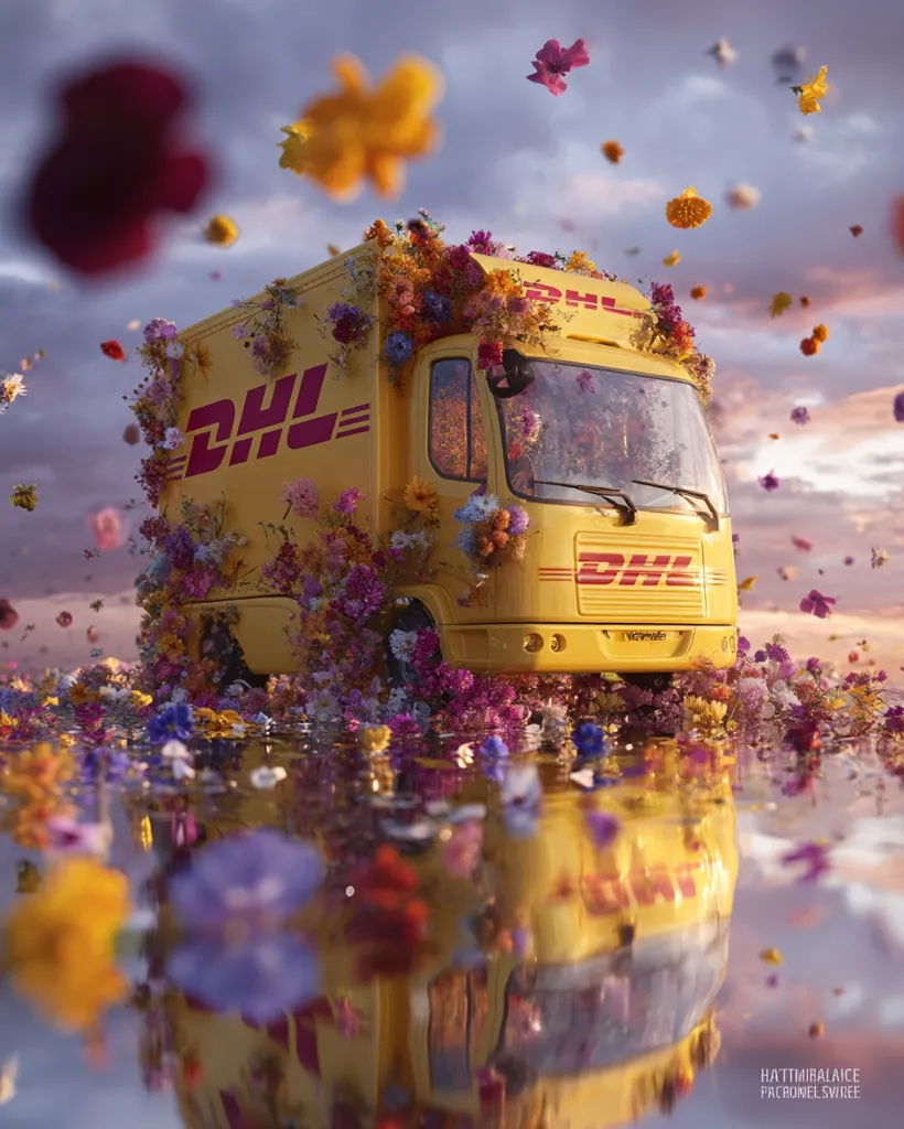 A DHL delivery truck is completely covered in a vibrant array of colorful flowers.  The truck sits in a puddle reflecting the scene, surrounded by more blossoms falling from the sky. The image is a surreal and beautiful juxtaposition of a utilitarian vehicle and the delicate beauty of nature. The overall mood is peaceful and whimsical.