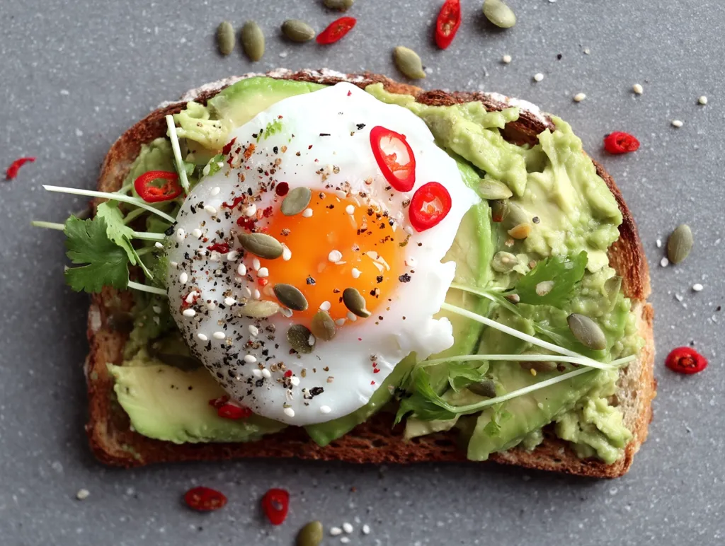 A piece of toasted bread topped with mashed avocado, a perfectly poached egg, and garnished with fresh cilantro, chili flakes, pumpkin seeds, and sesame seeds.  The vibrant colors and textures create an appetizing and visually appealing open-faced sandwich.