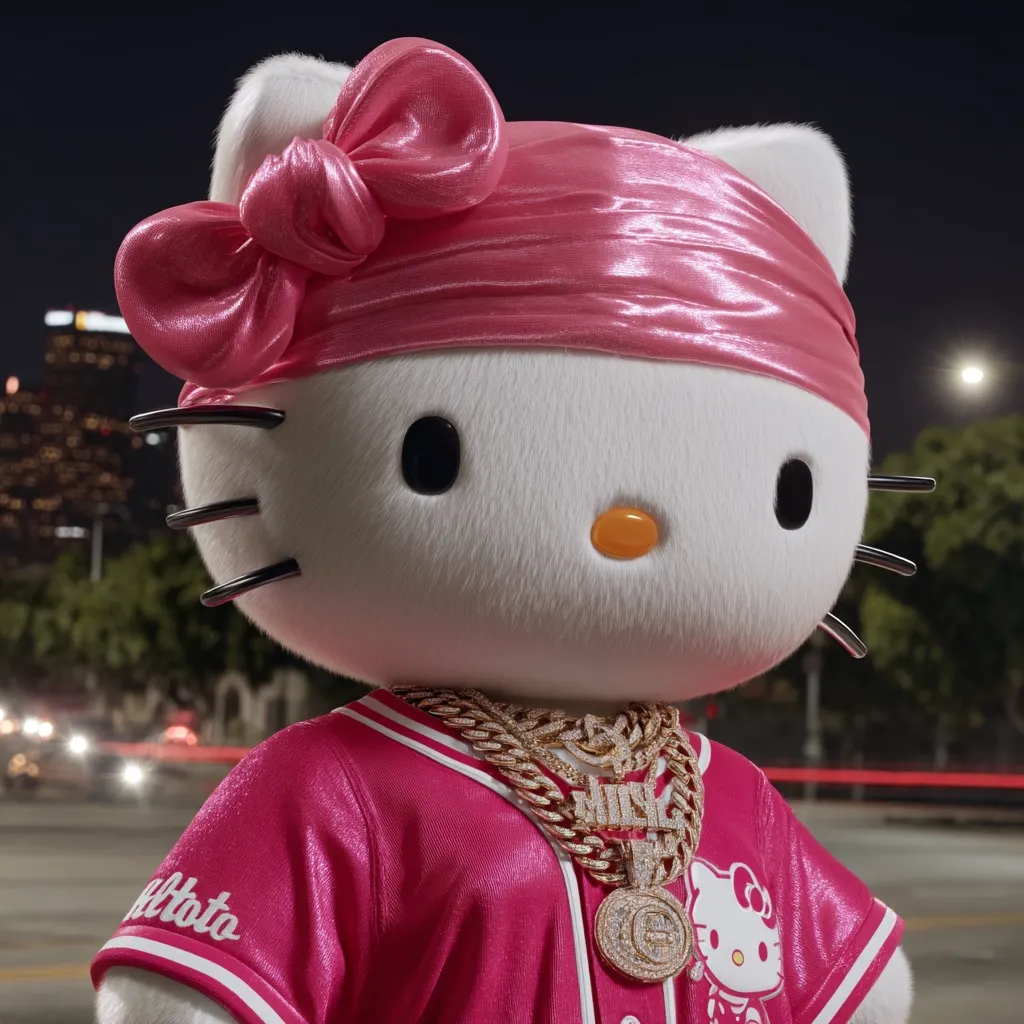 A large Hello Kitty plush toy is depicted at night, wearing a pink bandana, jersey, and multiple gold chains.  The setting appears to be a city street with blurred city lights in the background. The Hello Kitty figure is styled in hip-hop fashion, showcasing a contrast between its traditionally cute image and a street-style aesthetic.