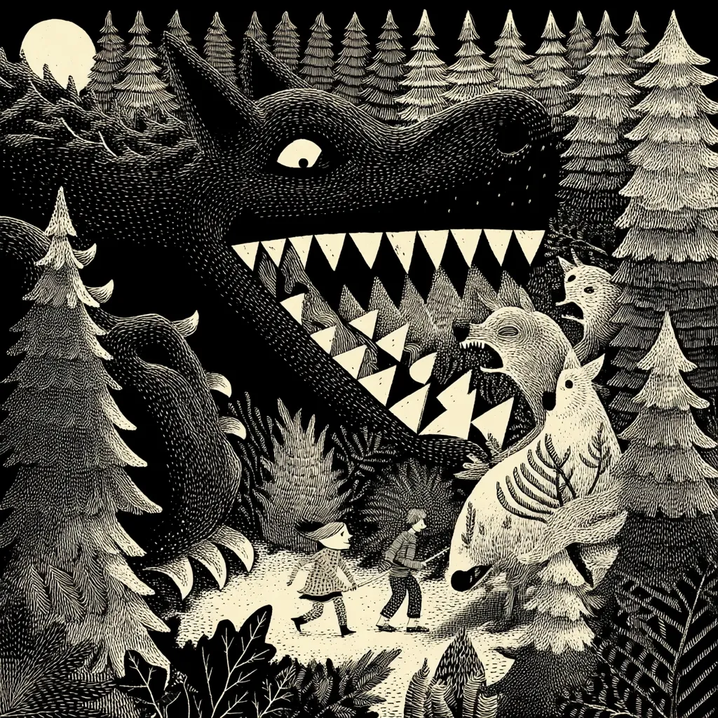 A black and white illustration depicts two children encountering a monstrous wolf in a dark forest.  The wolf's gaping maw dominates the scene, its teeth sharp and menacing. Smaller, terrified creatures surround the wolf, adding to the ominous atmosphere. The children, armed with a stick, appear small and vulnerable against the imposing beast under a full moon. The style is reminiscent of woodcut prints, with detailed textures and stark contrasts.