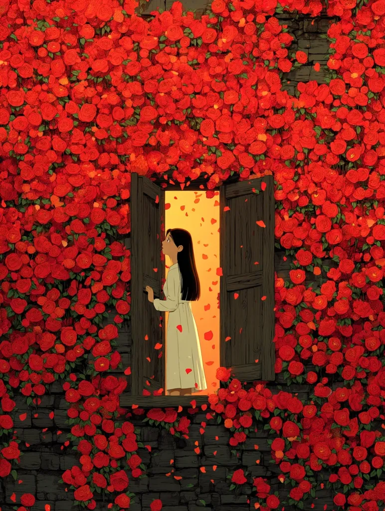 A young woman in a white dress stands in a dark window frame, gazing out at a sunset.  She is surrounded by a dense, vibrant wall of red roses that completely cover a stone building.  Rose petals fall around her, creating a romantic and slightly melancholic atmosphere. The scene is richly detailed and evocative of a fairytale.
