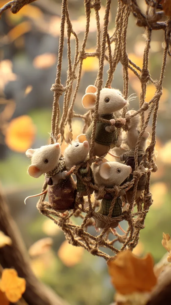 Five adorable handmade mice are clustered together in a small, rustic rope net.  They are dressed in miniature clothing and appear to be collaborating, perhaps on a shared task or adventure. The backdrop is a softly blurred autumnal scene of warm-toned leaves and branches, creating a whimsical and charming image.