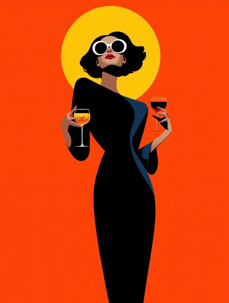 A stylized illustration depicts a woman in a black dress against a vibrant orange background.  She wears large white sunglasses and holds a glass of wine in each hand – one red, one yellow. A large yellow circle, reminiscent of a sun, frames her head. The image is bold and graphic, evocative of mid-century modern art.