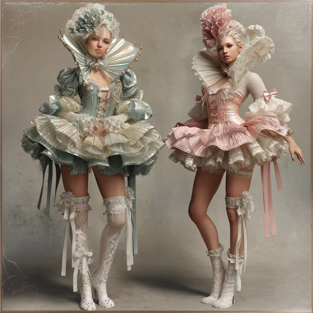 Two exquisite figures are captured in a digital artwork, each adorned in a stunning, elaborate Rococo-style dress.  One dress is a pastel blue-green, the other a delicate pink.  Both feature ruffled layers, lace detailing, and high, ornate collars.  The models' blonde hair is styled in elaborate updos, and they wear matching white lace stockings and heeled shoes. The overall aesthetic evokes a sense of elegance and fantasy.