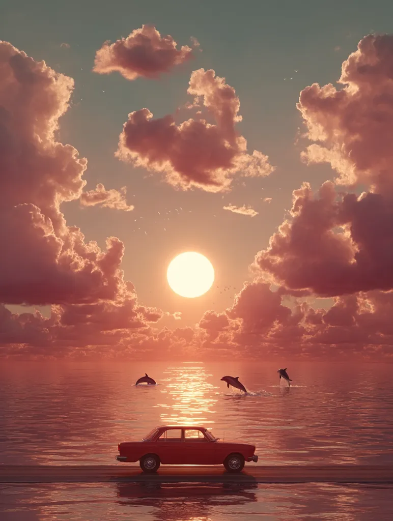 A serene sunset scene unfolds over a calm ocean. Three dolphins playfully leap from the water, silhouetted against the vibrant sky. A classic red car rests on a coastal road, adding a touch of vintage charm to the idyllic landscape.  The sky is filled with soft, pink-hued clouds surrounding a large, warm sun. The overall mood is peaceful and tranquil.