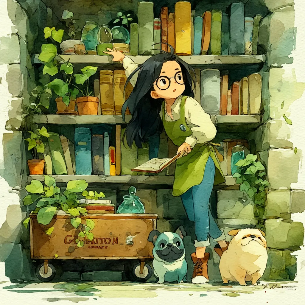 A watercolor illustration depicts a girl with long black hair and glasses, wearing an olive green apron, browsing a bookshelf filled with books and potted plants.  Two pugs sit patiently at her feet near a small wooden cart. The scene is set in a stone alcove, creating a whimsical, bookish atmosphere. The overall style is soft and charming, with a focus on detail and muted earth tones.