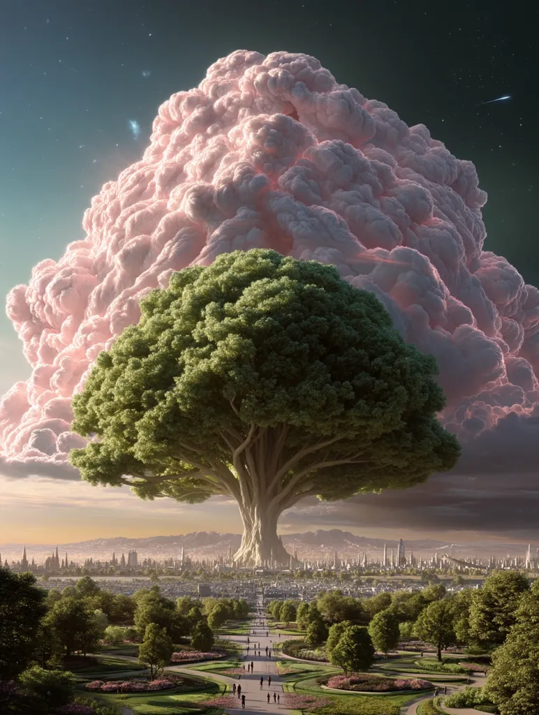 A colossal tree, half-submerged in a massive, cotton-candy-like cloud formation, dominates the scene.  Its lush green canopy contrasts sharply with the pale pink cloud above. Below, a sprawling futuristic city nestles amidst verdant parks and meticulously landscaped pathways, with tiny figures strolling along a central avenue.  The overall impression is one of surreal beauty and harmonious coexistence between nature and technology.