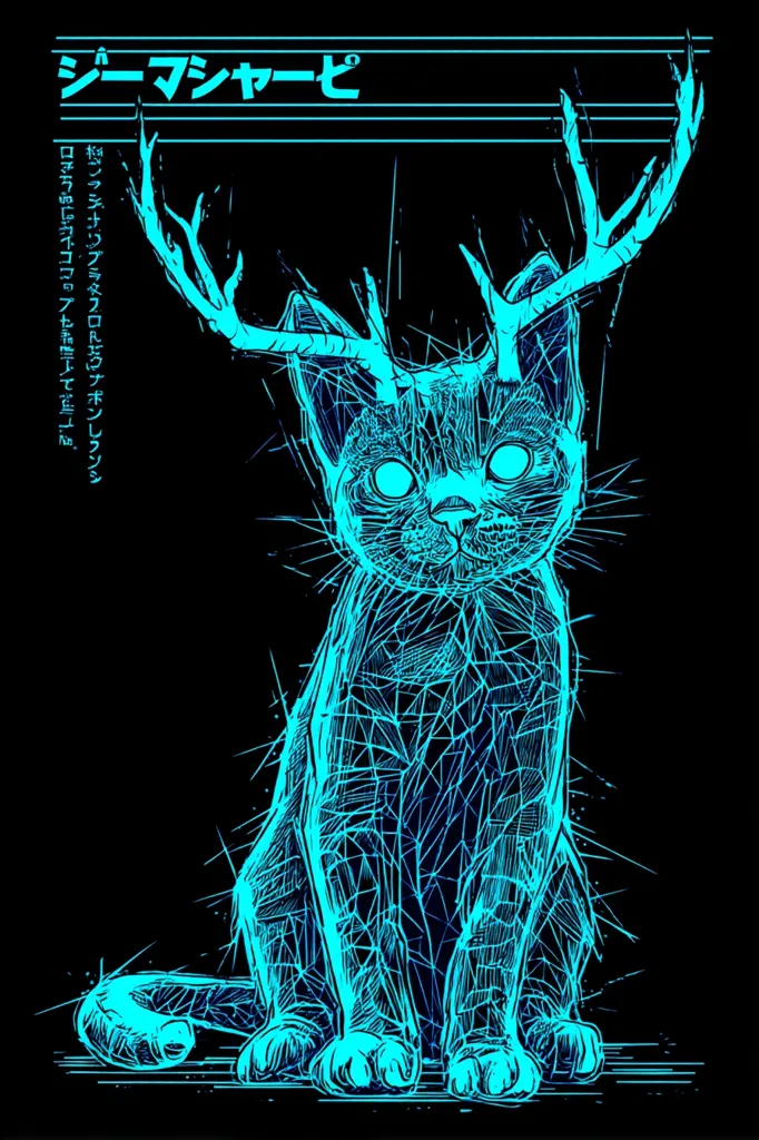 A vibrant cyan digital illustration depicts a cat with large antlers, sitting against a black background.  The cat's form is rendered in a geometric, almost fragmented style, with glowing lines creating a crystalline effect. Japanese text is visible at the top, and smaller text along the left side. The overall style suggests a blend of fantasy and digital art.