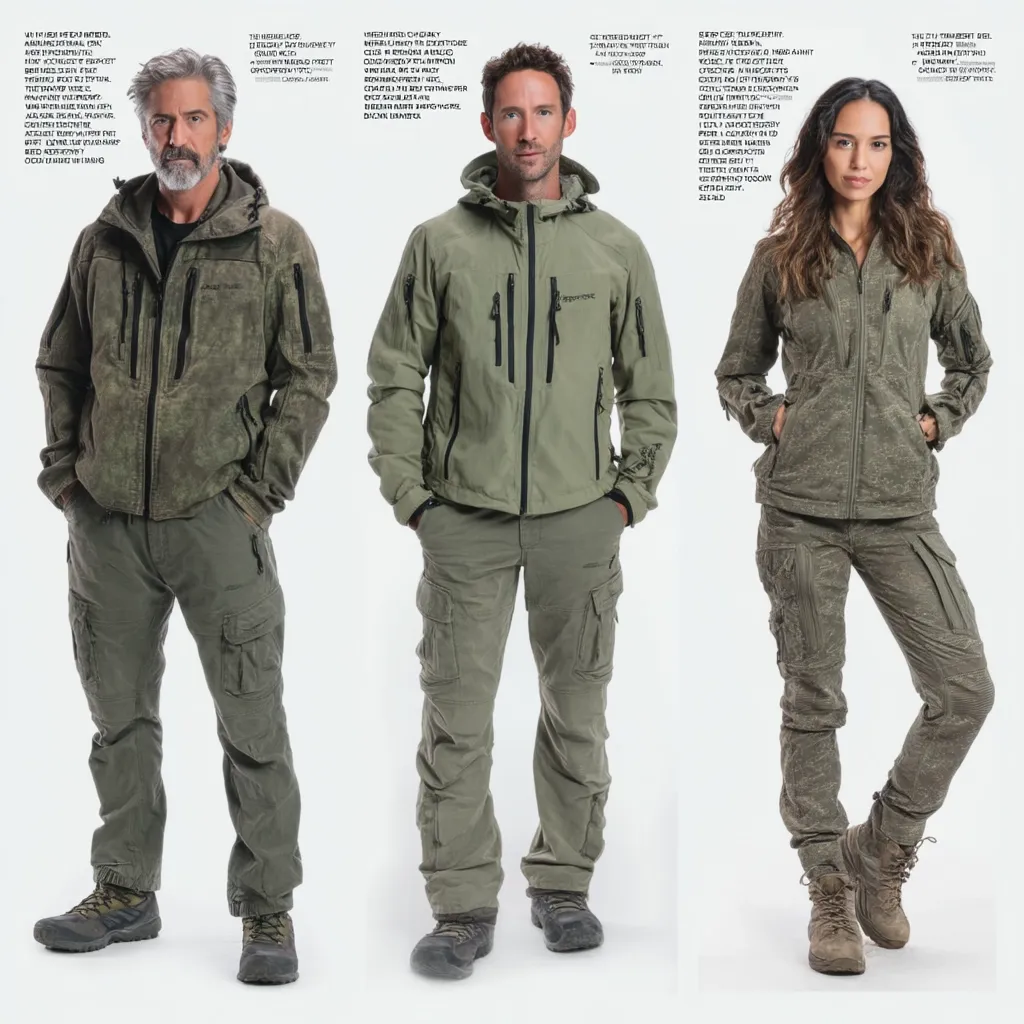 Three models showcase different military-style green outfits.  One man wears a textured olive green jacket and cargo pants, another a lighter green softshell jacket and matching cargo pants. A woman models a camouflage jacket and pants.  All clothing appears durable and practical, suitable for outdoor activities.