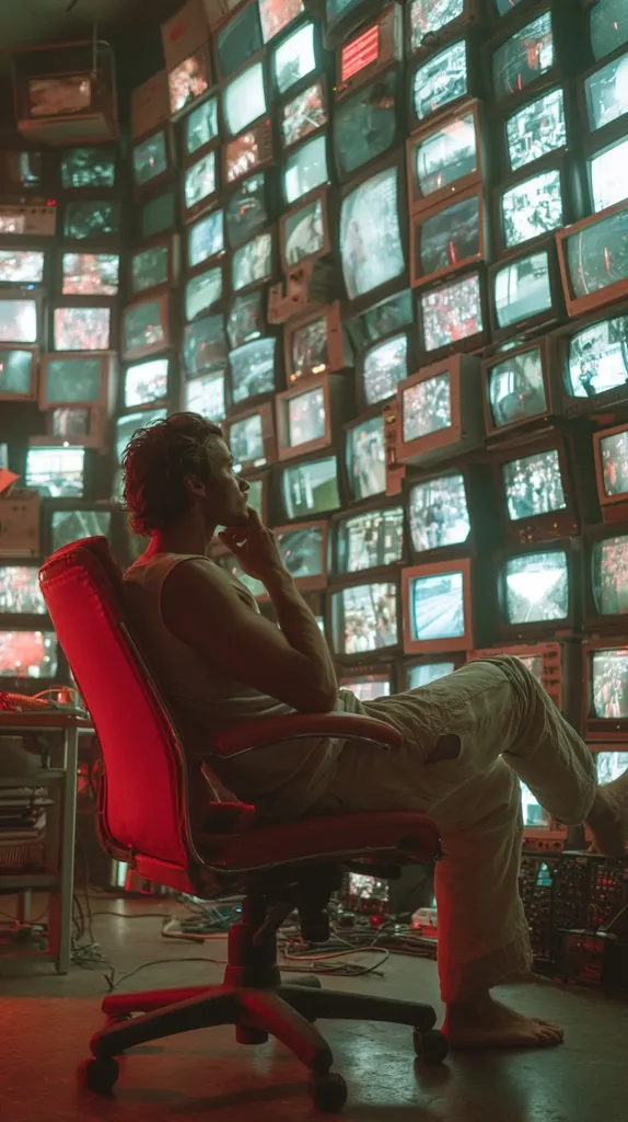 A man sits in a red office chair, his hand resting on his chin, thoughtfully observing a vast wall completely covered in old-style television screens displaying various images.  The room is dimly lit, creating a moody atmosphere. The scene suggests surveillance, data overload, or a retro-futuristic setting.  Wires and electronic equipment are visible on the floor.