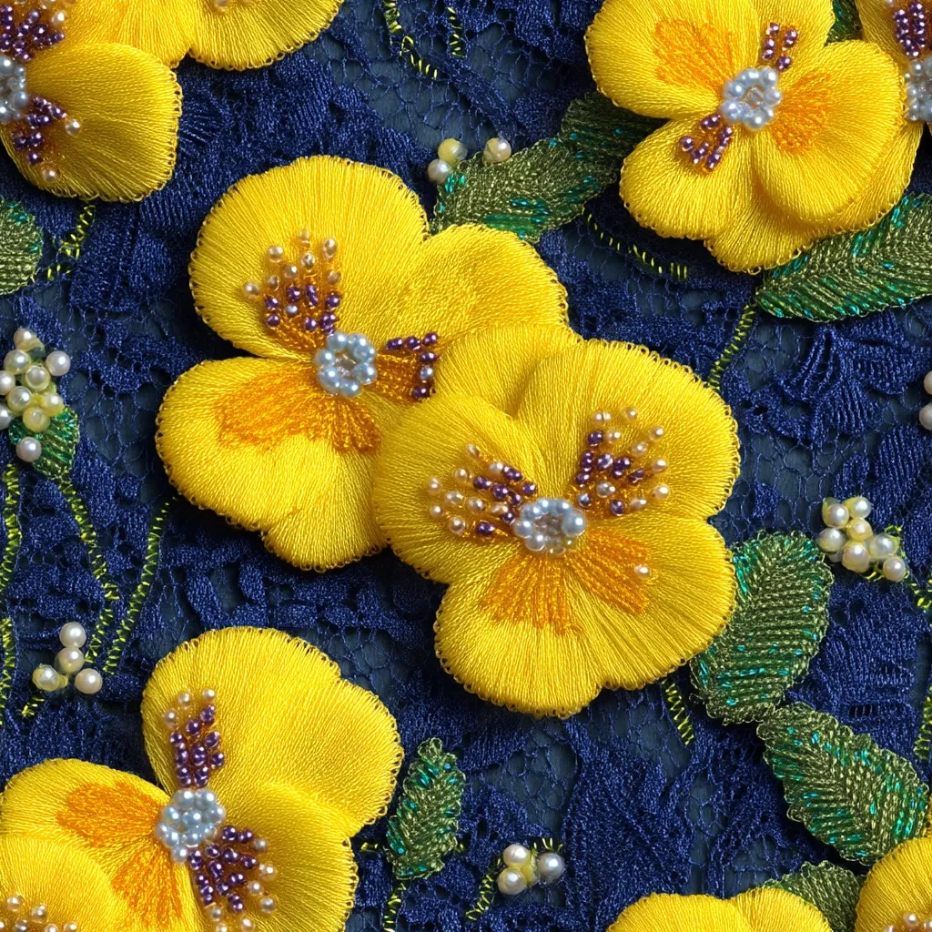 A navy blue lace fabric is adorned with intricately embroidered yellow pansies.  Each pansy is meticulously crafted with yellow thread, accented by small, iridescent beads in shades of orange, purple, and white, creating a three-dimensional effect.  The pansies are interspersed with smaller, beaded green leaves, adding to the rich texture and detail of the design. The overall effect is luxurious and elegant.