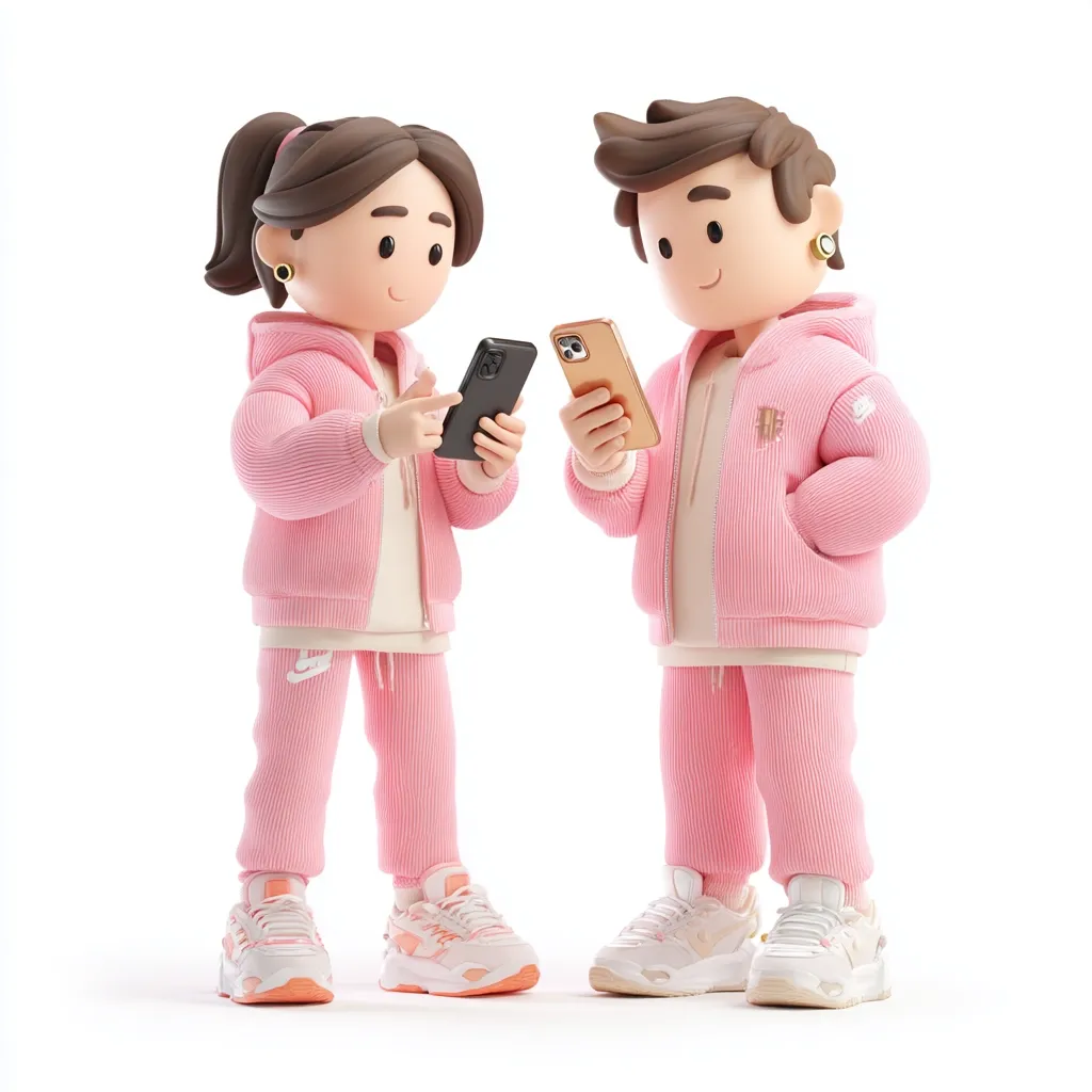 Two 3D-rendered characters, a boy and a girl, dressed in matching pink tracksuits, stand against a white background. They are both holding smartphones, the girl a black one and the boy a gold one, appearing to be interacting digitally.  Their style is cartoonish and cute, with expressive features.  The image is clean and bright, highlighting the characters and their activity.