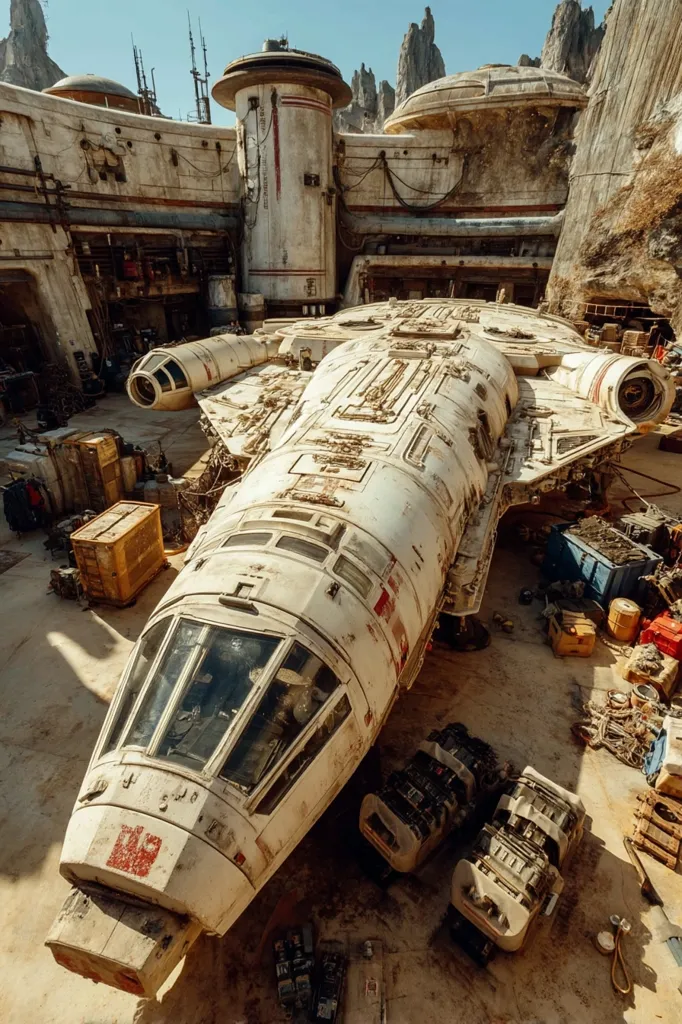 The Millennium Falcon, weathered and worn, sits in a hangar at Star Wars: Galaxy's Edge.  Surrounding the iconic ship are various tools, crates, and debris, suggesting ongoing repairs. The sandy, desert-like environment and the aged architecture of the hangar enhance the sense of a remote, working outpost. The scene evokes the gritty, lived-in feel of a galaxy far, far away.