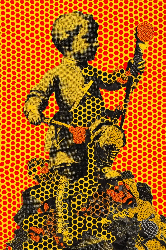 A striking artwork features a stylized cherubic figure, rendered in black and gold, holding a staff-like object.  The figure is superimposed onto a vibrant red and yellow honeycomb pattern.  Intricate black honeycomb shapes overlay parts of the figure, creating a textured and layered effect.  Small orange bead-like elements are scattered throughout, adding visual depth and contrast to the bold color scheme. The overall style is reminiscent of pop art, combining classical imagery with a modern, graphic aesthetic.