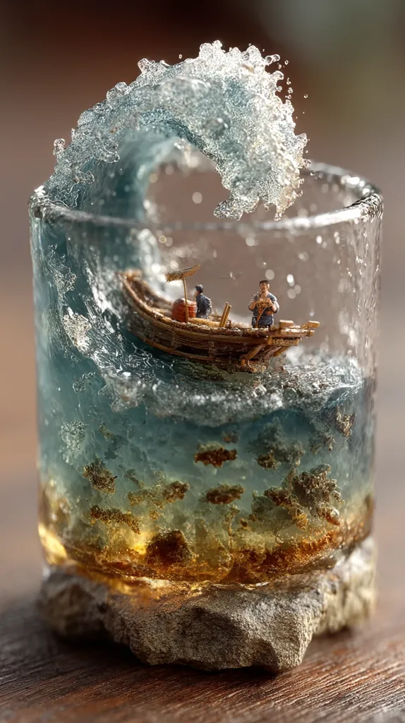 A miniature scene depicting a small wooden boat with two fishermen navigating a crashing wave inside a glass. The wave is sculpted from resin, appearing as if frozen in motion.  The base is a sculpted rock, adding to the realism. The overall effect is a captivating, artistic representation of a stormy sea.
