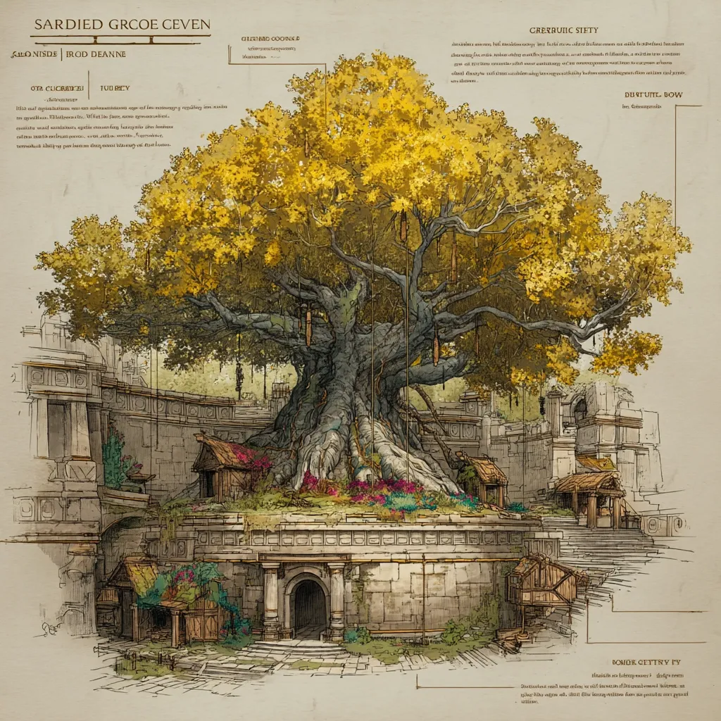 A concept art piece depicts a large, ancient tree with golden leaves, centered in a circular stone structure.  Smaller buildings and stairways surround the tree's base, suggesting a village or courtyard setting.  The style is reminiscent of fantasy architecture, with intricate details in the stonework and surrounding vegetation.  The overall tone is warm and inviting, suggesting a peaceful, possibly sacred, place.