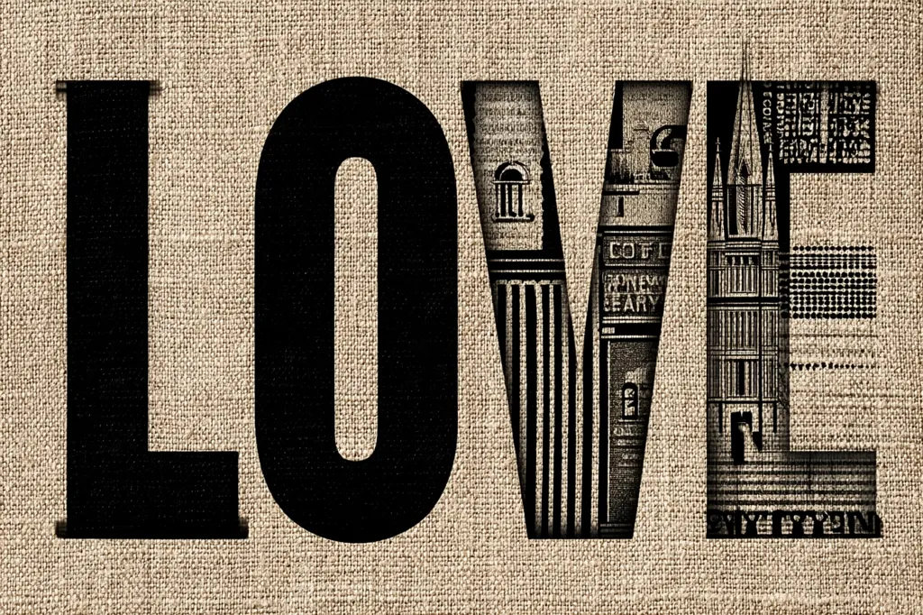 The word "LOVE" is displayed in bold, black lettering against a burlap background.  Each letter is intricately filled with a monochrome newspaper clipping collage, featuring architectural details and text snippets, creating a textured and visually rich effect. The design suggests a blend of urban imagery and romantic sentiment.